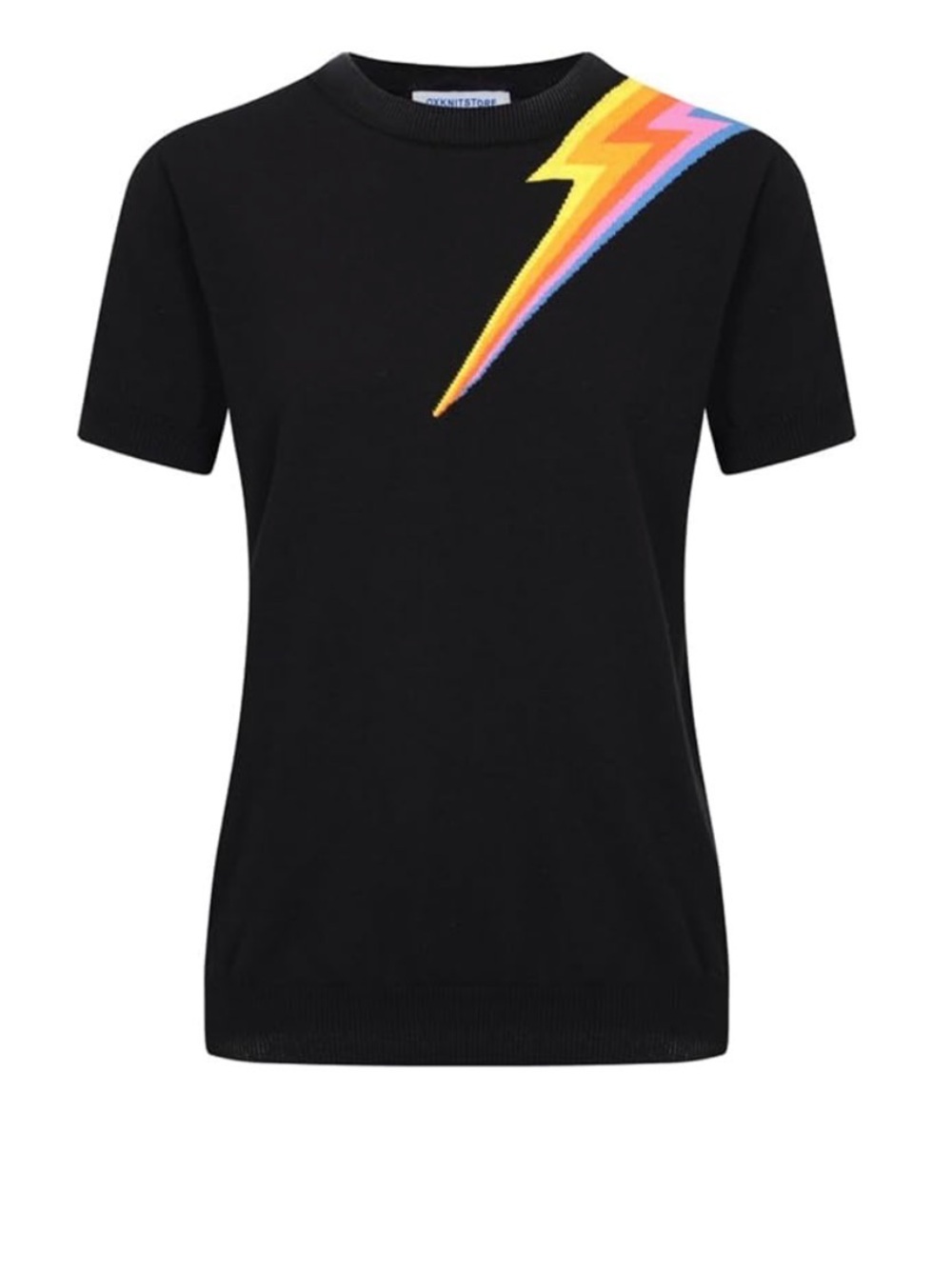 OXKnit Women's 1980s Retro Black Short Sleeve Top Lightning Crewneck Sweater